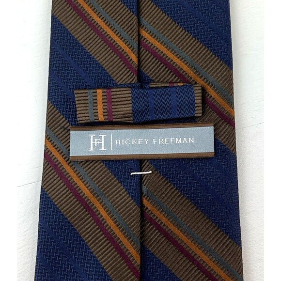 HICKEY FREEMAN Mens Woven 100% Silk Neck Tie  STRIPED Navy Blue/Brown/Gold/Red - Picture 7 of 9